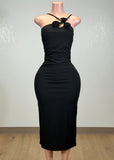 KIHEI BLACK ASYMMETRICAL CORSAGE MIDI DRESS