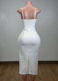 KIHEI WHITE ASYMMETRICAL CORSAGE MIDI DRESS