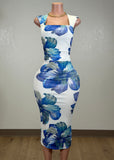 KAILUA WHITE/BLUE FLOWER PRINT BODYCON MIDI DRESS