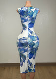 KAILUA WHITE/BLUE FLOWER PRINT BODYCON MIDI DRESS