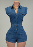 OLIANA DENIM BLUE COLLARED SHORT SLEEVE ROMPER