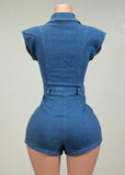 OLIANA DENIM BLUE COLLARED SHORT SLEEVE ROMPER