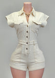 OLIANA DENIM IVORY COLLARED SHORT SLEEVE ROMPER