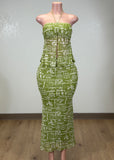 LUANA OLIVE MESH PRINTED HALTER TOP & MAXI SKIRT SET