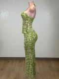 LUANA OLIVE MESH PRINTED HALTER TOP & MAXI SKIRT SET