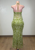 LUANA OLIVE MESH PRINTED HALTER TOP & MAXI SKIRT SET