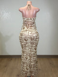 LUANA BROWN MESH PRINTED HALTER TOP & MAXI SKIRT SET
