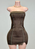 SIGRID BROWN STRAPLESS STUD-DETAIL BODYCON MINI DRESS