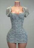 BRIELLE BLUE FLORAL RUCHED BODYCON MINI DRESS