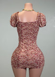 BRIELLE ROSE FLORAL RUCHED BODYCON MINI DRESS