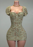 BRIELLE GREEN FLORAL RUCHED BODYCON MINI DRESS