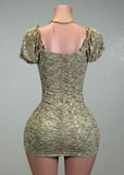 BRIELLE GREEN FLORAL RUCHED BODYCON MINI DRESS