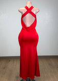 AYLA RED HALTER OPEN BACK MAXI DRESS