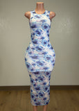 ATHENA WHITE FLORAL PRINT BODYCON MIDI DRESS