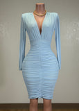 BIRDIE BABY BLUE MESH RUCHED BODYCON V-NECK MIDI DRESS