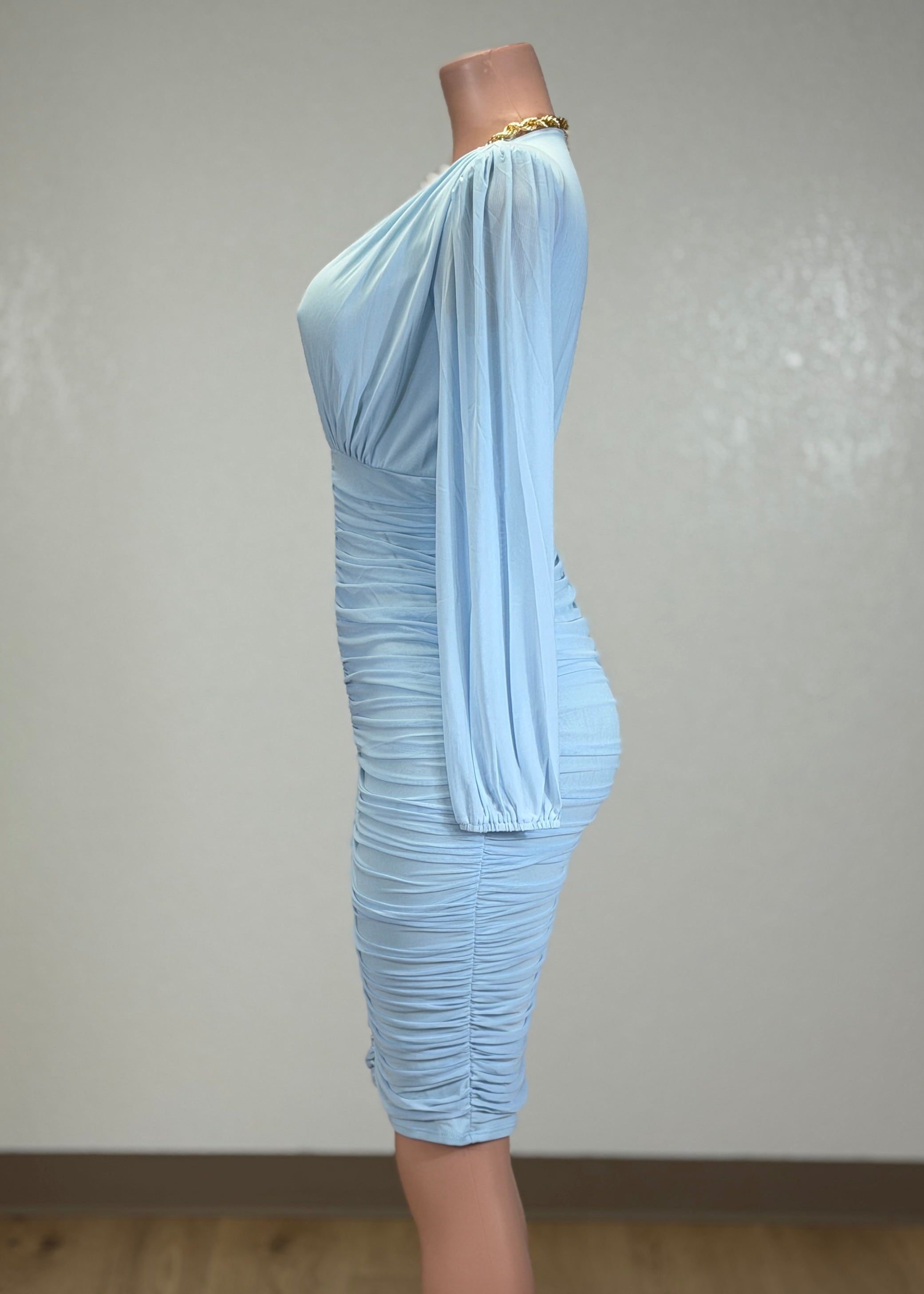 birdie baby blue mesh ruched bodycon v-neck midi dress