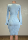 BIRDIE BABY BLUE MESH RUCHED BODYCON V-NECK MIDI DRESS
