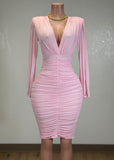 BIRDIE PINK MESH RUCHED BODYCON V-NECK MIDI DRESS