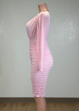 BIRDIE PINK MESH RUCHED BODYCON V-NECK MIDI DRESS