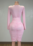 BIRDIE PINK MESH RUCHED BODYCON V-NECK MIDI DRESS