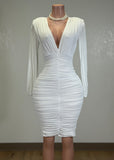 BIRDIE WHITE MESH RUCHED BODYCON V-NECK MIDI DRESS