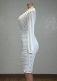 BIRDIE WHITE MESH RUCHED BODYCON V-NECK MIDI DRESS