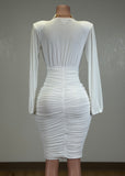 BIRDIE WHITE MESH RUCHED BODYCON V-NECK MIDI DRESS
