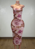 MODDY PINK/BROWN BODYCON STRAPPY MIDI DRESS