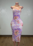 MODDY PURPLE/PEACH BODYCON STRAPPY MIDI DRESS