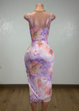 MODDY PURPLE/PEACH BODYCON STRAPPY MIDI DRESS