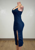 SAYLOR MID BLUE DENIM STRAPPY BODYCON MIDI DRESS