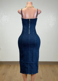 SAYLOR MID BLUE DENIM STRAPPY BODYCON MIDI DRESS