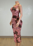 KOLINE BROWN/PINK ONE SHOULDER BODYCON MIDI DRESS