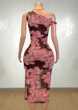 KOLINE BROWN/PINK ONE SHOULDER BODYCON MIDI DRESS