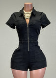 DIXIE BLACK DENIM COLLARED SHORT SLEEVE ROMPER