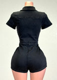 DIXIE BLACK DENIM COLLARED SHORT SLEEVE ROMPER