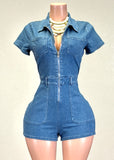 DIXIE BLUE DENIM COLLARED SHORT SLEEVE ROMPER