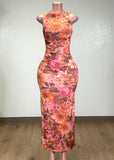 AMITY PEACH/BROWN BODYCON MIDI DRESS