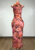 AMITY PEACH/BROWN BODYCON MIDI DRESS