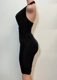 ILIANA BLACK HALTER SHIRRED DEEP V-NECK DRESS
