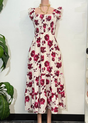 ABILENE CREAM & RED FLORAL RUFFLED STRAPS MAXI DRESS