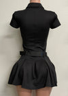 BANKS BLACK COLLARED NECK BELTED SHORT SLEEVE MINI DRESS
