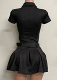 BANKS BLACK COLLARED NECK BELTED SHORT SLEEVE MINI DRESS