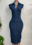 HALLIE DARK DENIM COLLARED NECK BUTTON DOWN STRETCH DRESS