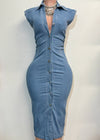 HALLIE LITE DENIM COLLARED NECK BUTTON DOWN STRETCH DRESS