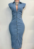HALLIE LITE DENIM COLLARED NECK BUTTON DOWN STRETCH DRESS