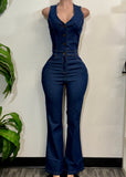 SILVERTON DARK DENIM SLEEVELESS V-NECK JUMPSUIT