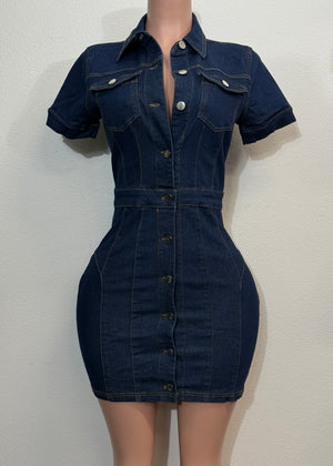 NALA DARK DENIM STRETCHY FITTED POCKET SHORT SLEEVE MINI DRESS