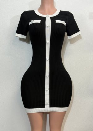 ALAYA BLACK BUTTON SHORT SLEEVE SWEATER MINI DRESS