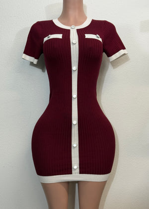 ALAYA BURGUNDY BUTTON SHORT SLEEVE SWEATER MINI DRESS